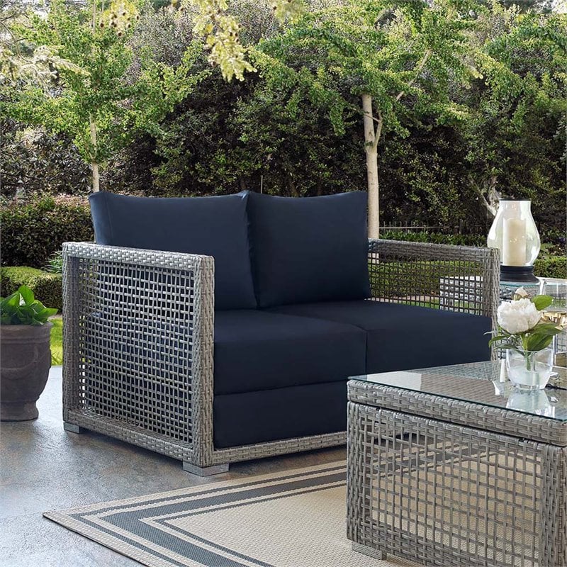Modway Aura Modern Rattan & Fabric Outdoor Patio Loveseat in Gray and Navy