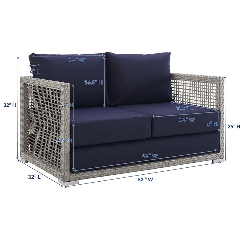 Modway Aura Modern Rattan & Fabric Outdoor Patio Loveseat in Gray and Navy