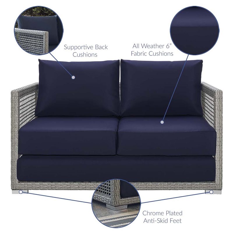 Modway Aura Modern Rattan & Fabric Outdoor Patio Loveseat in Gray and Navy
