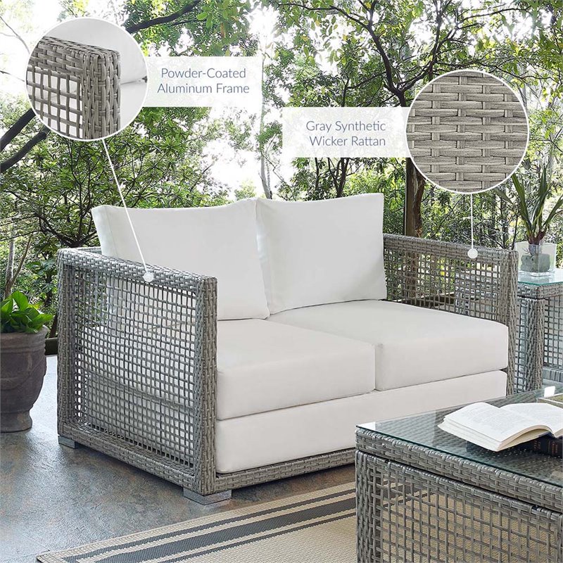 Modway Aura Modern Rattan & Fabric Outdoor Patio Loveseat in Gray White