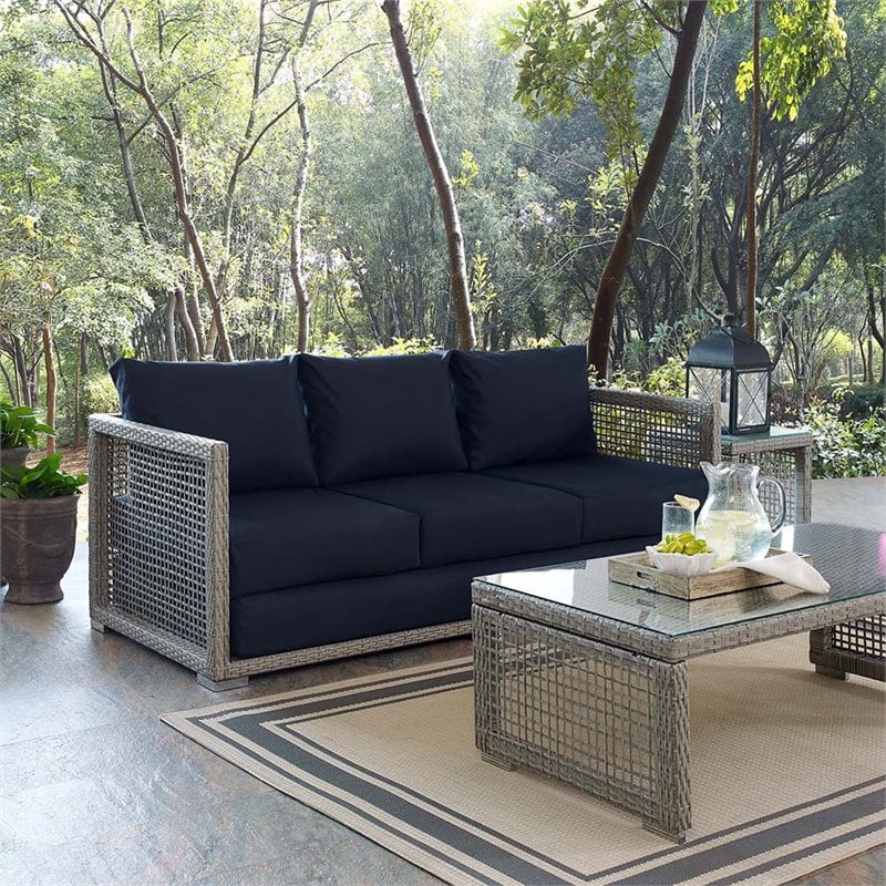 Modway Aura Modern Rattan & Fabric Outdoor Patio Sofa in Gray and Navy