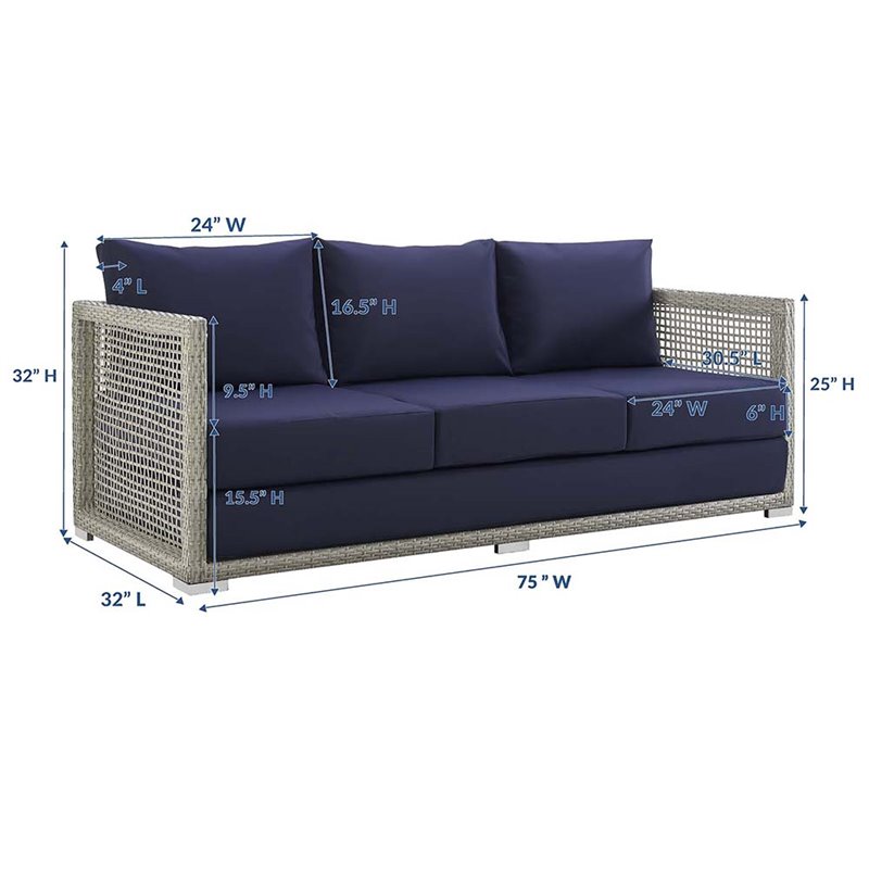 Modway Aura Modern Rattan & Fabric Outdoor Patio Sofa in Gray and Navy