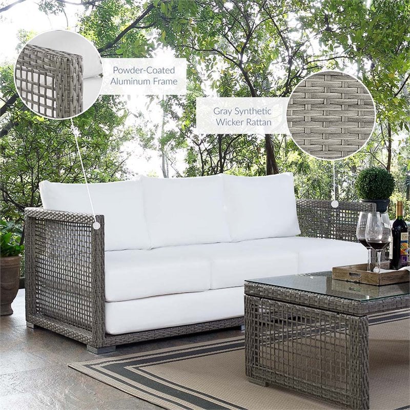 Modway Aura Modern Rattan & Fabric Outdoor Patio Sofa in Gray and White
