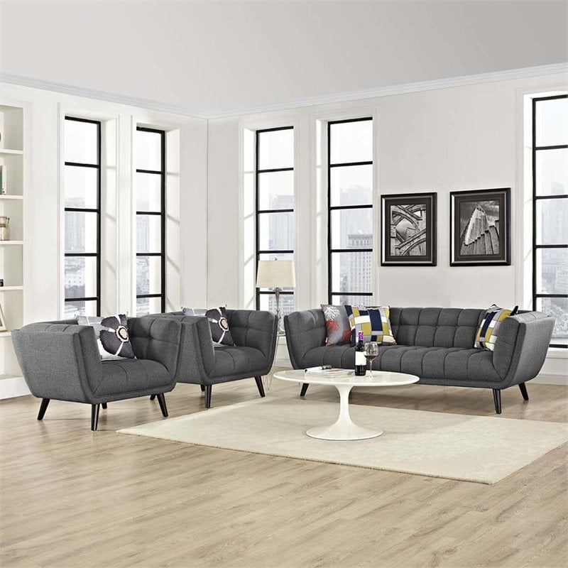 Modway Bestow 3-Piece Chic Luxe Modern Fabric Upholstered Sofa Set in Gray