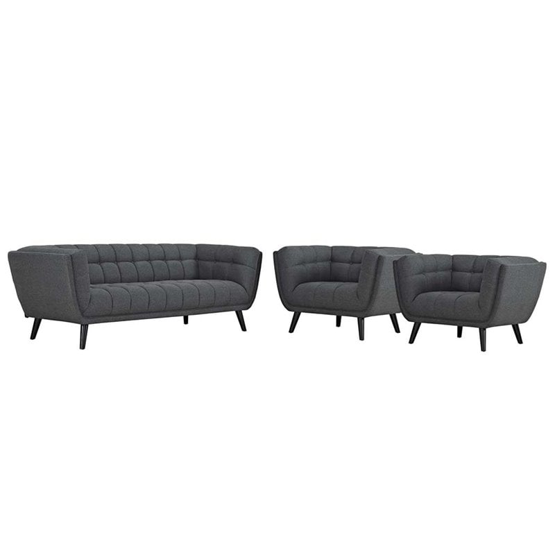 Modway Bestow 3-Piece Chic Luxe Modern Fabric Upholstered Sofa Set in Gray