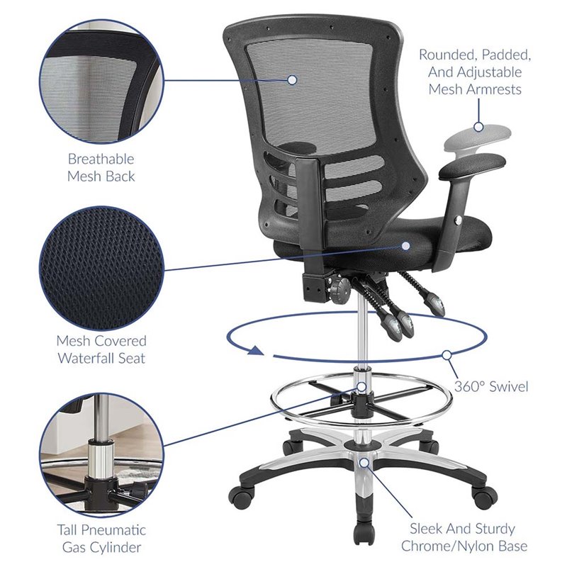 Modway Calibrate Adjustable Swivel Mesh Fabric Drafting Chair in Black
