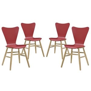 Modway Cascade 17.5&quot Modern Style Wood Dining Chair in Red (Set of 4)
