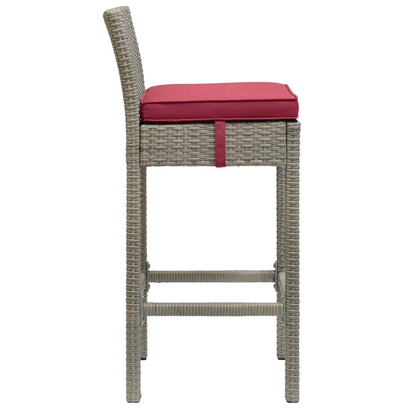 modway conduit 30&quot rattan & aluminum patio bar stool in light gray/red