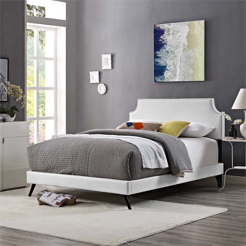 Modway Corene Vinyl Queen Platform Bed with Round Splayed Legs in White