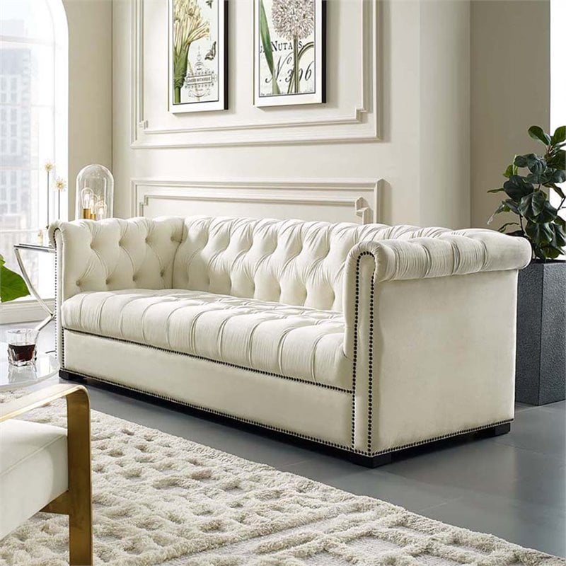 Modway Heritage Tufted Performance Velvet Sofa in Ivory & Black