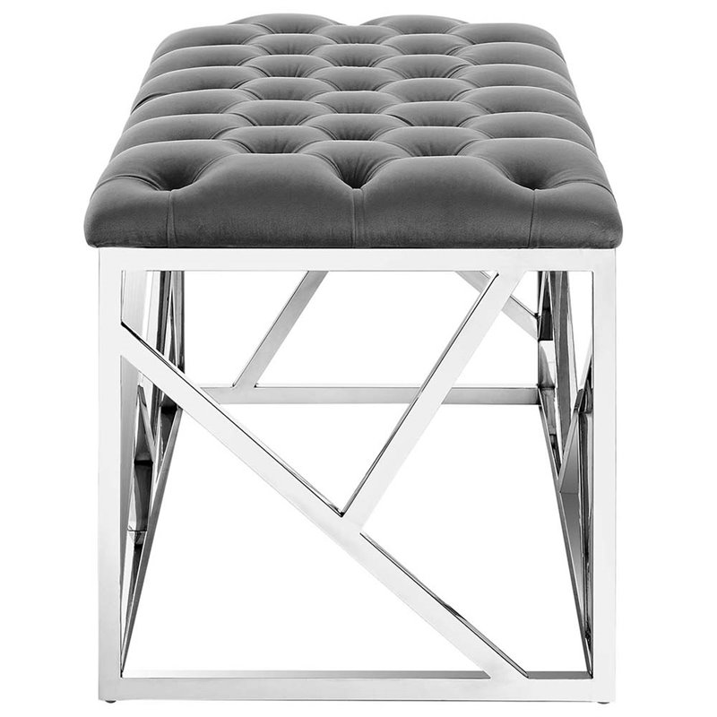 Modway Intersperse Tufted Velvet Polyester Bench in Silver and Gray