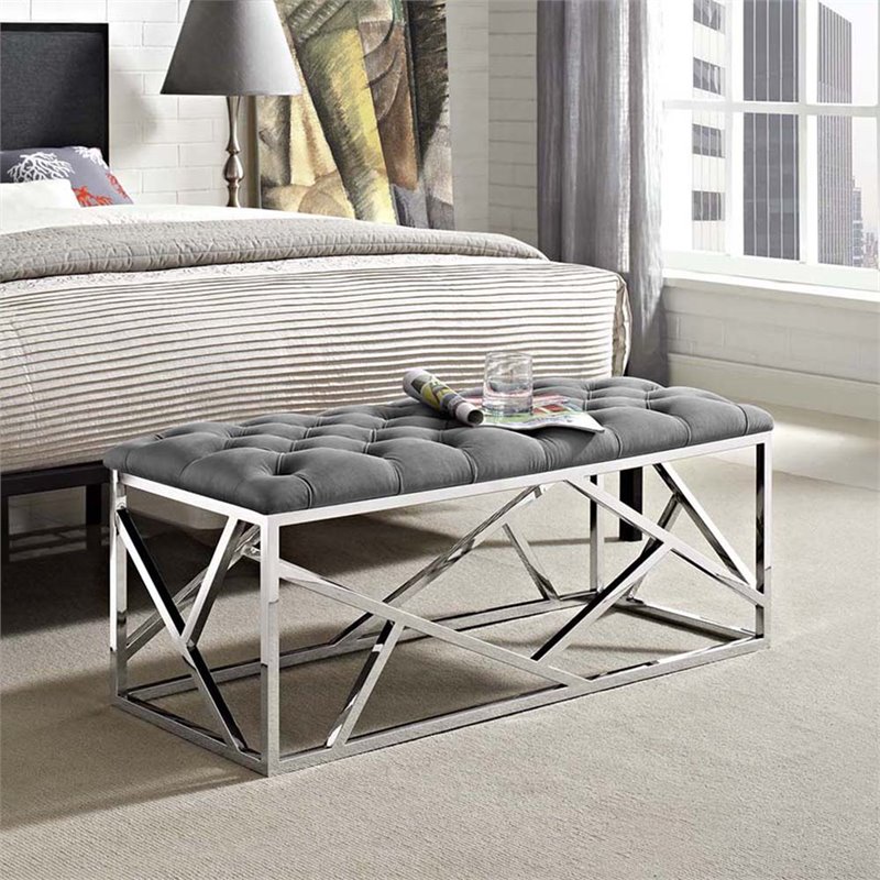 Modway Intersperse Tufted Velvet Polyester Bench in Silver and Gray