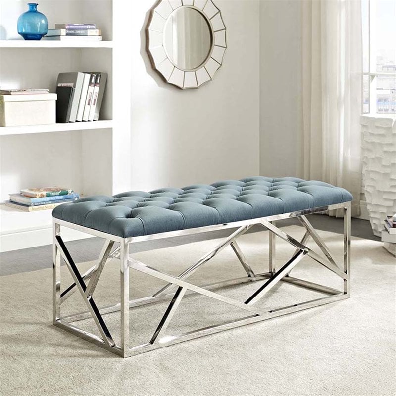Modway Intersperse Tufted Velvet Polyester Bench in Silver and Sea Blue