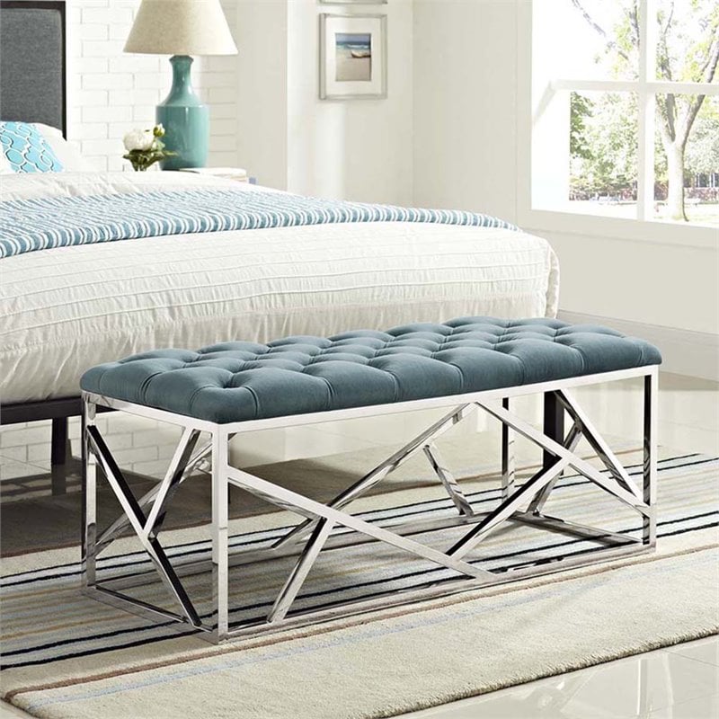 Modway Intersperse Tufted Velvet Polyester Bench in Silver and Sea Blue