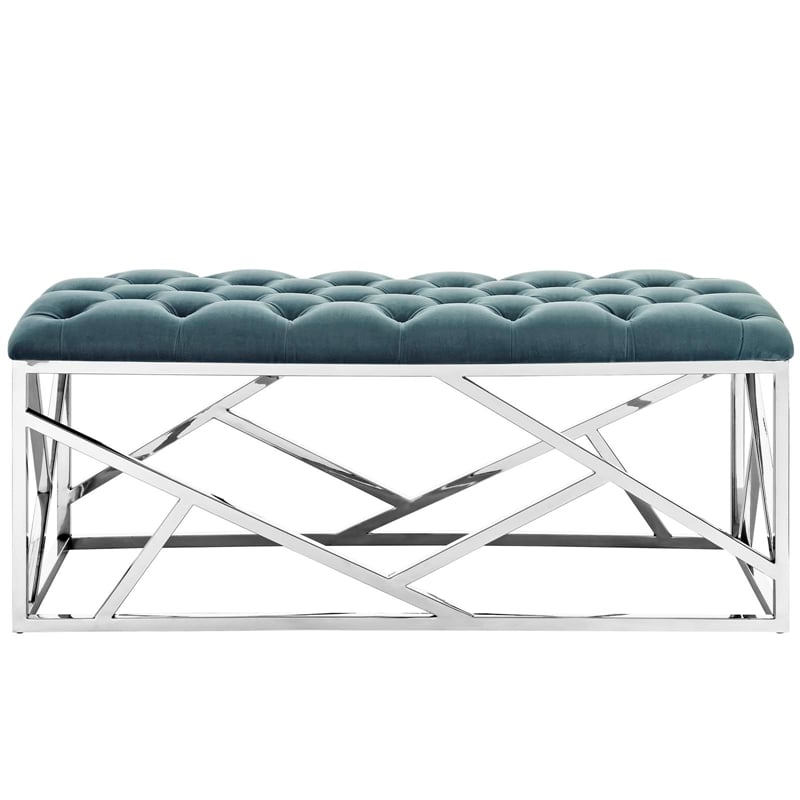 Modway Intersperse Tufted Velvet Polyester Bench in Silver and Sea Blue