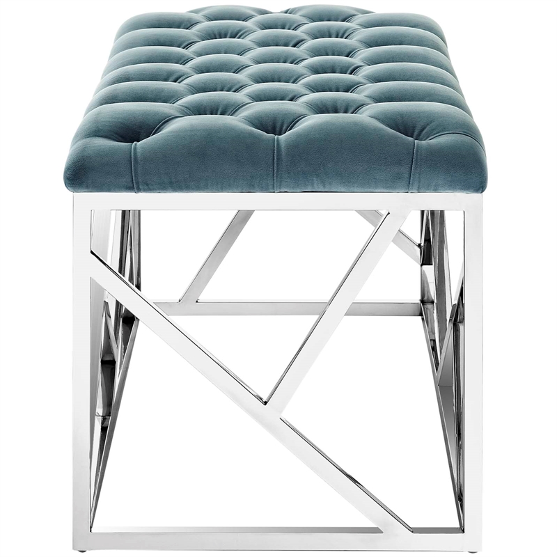 Modway Intersperse Tufted Velvet Polyester Bench in Silver and Sea Blue