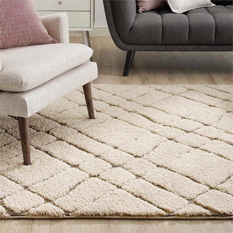 Modway Jubilant 5' x 8' Abstract Geometric Shag Area Rug in Cream
