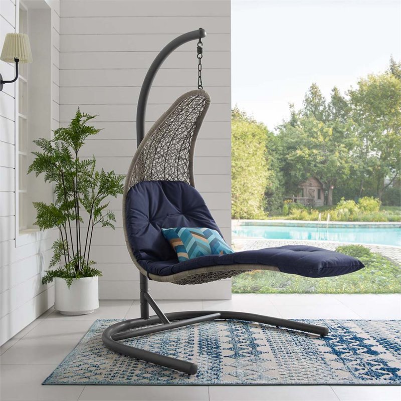 Modway Landscape Rattan & Fabric Patio Swing Chair in Light Gray and Navy