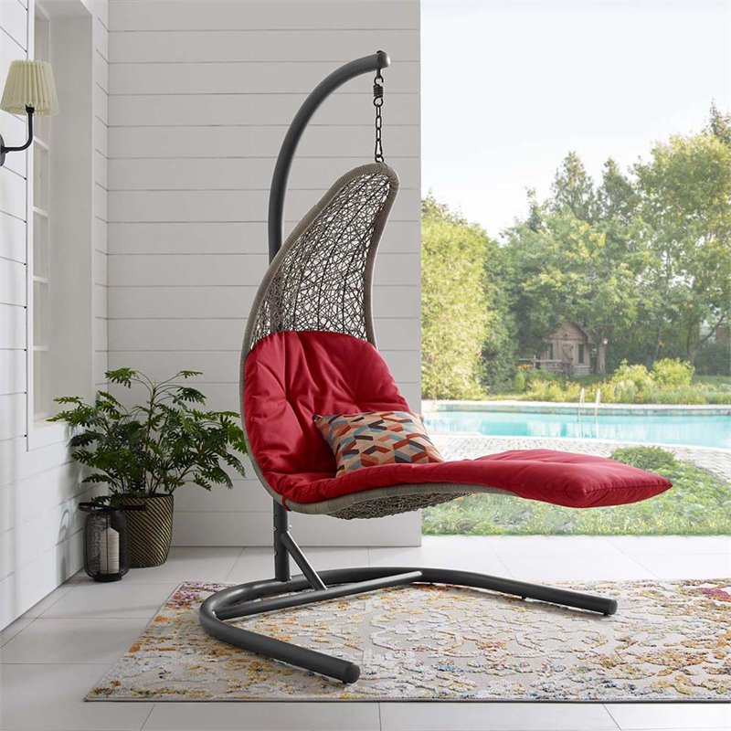 Modway Landscape Rattan & Fabric Patio Swing Chair in Light Gray and Red