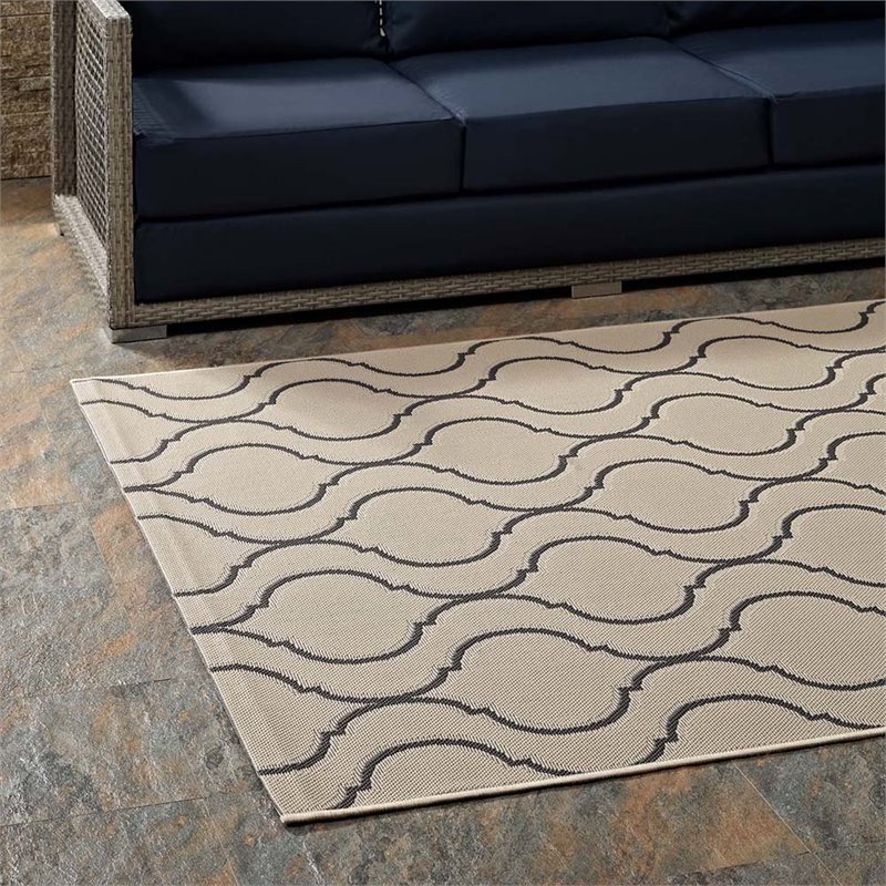 Modway Linza 5' x 8' Wave Abstract Trellis Area Rug in Beige and Gray