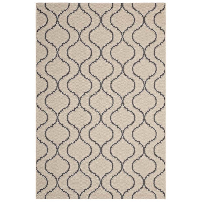 Modway Linza 5' x 8' Wave Abstract Trellis Area Rug in Beige and Gray