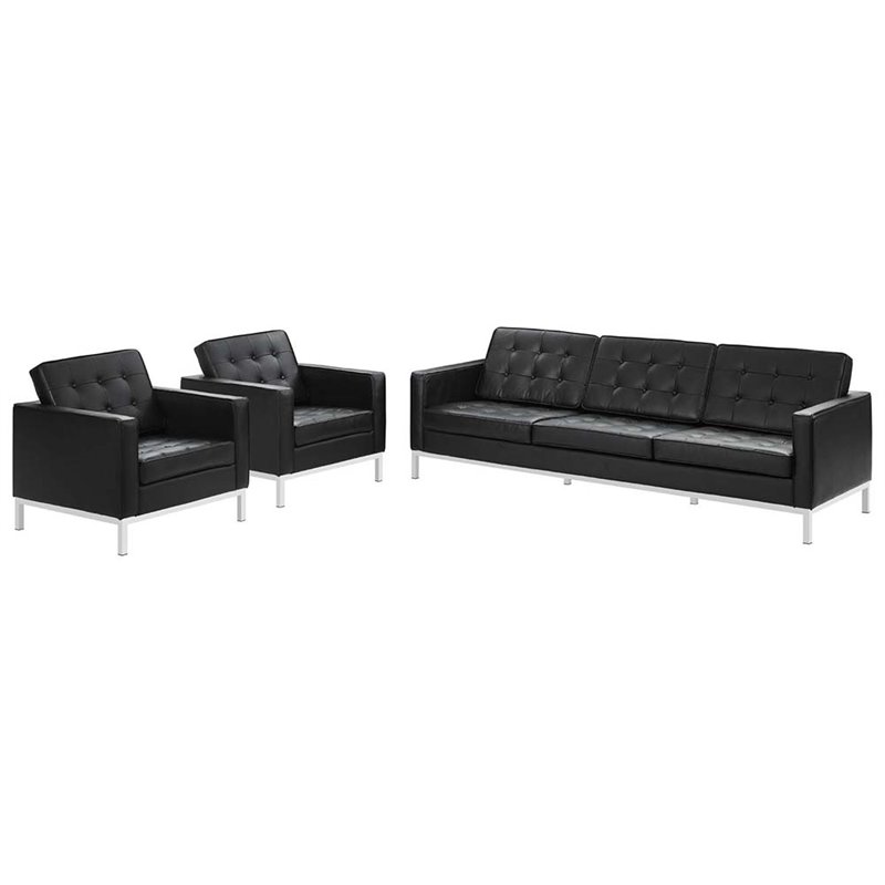 Modway Loft 3 Piece Leather Tufted Sofa Set in Black Cymax Business