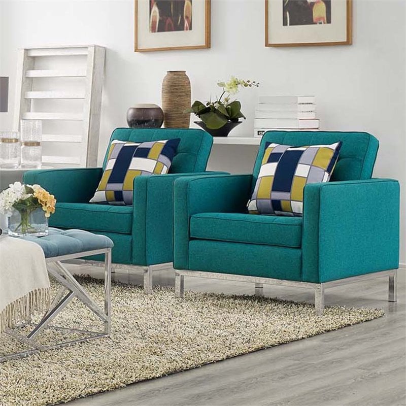 Modway Loft Upholstered Fabric and Stainless Steel Armchairs in Teal (Set of 2)