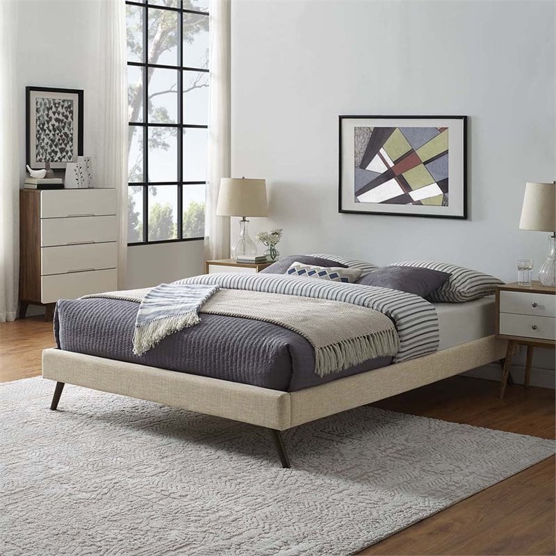 modway loryn queen polyester fabric bed frame with round splayed legs in beige
