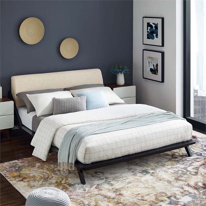 Modway Luella Queen Solid Wood Fabric Platform Bed in Walnut/Beige