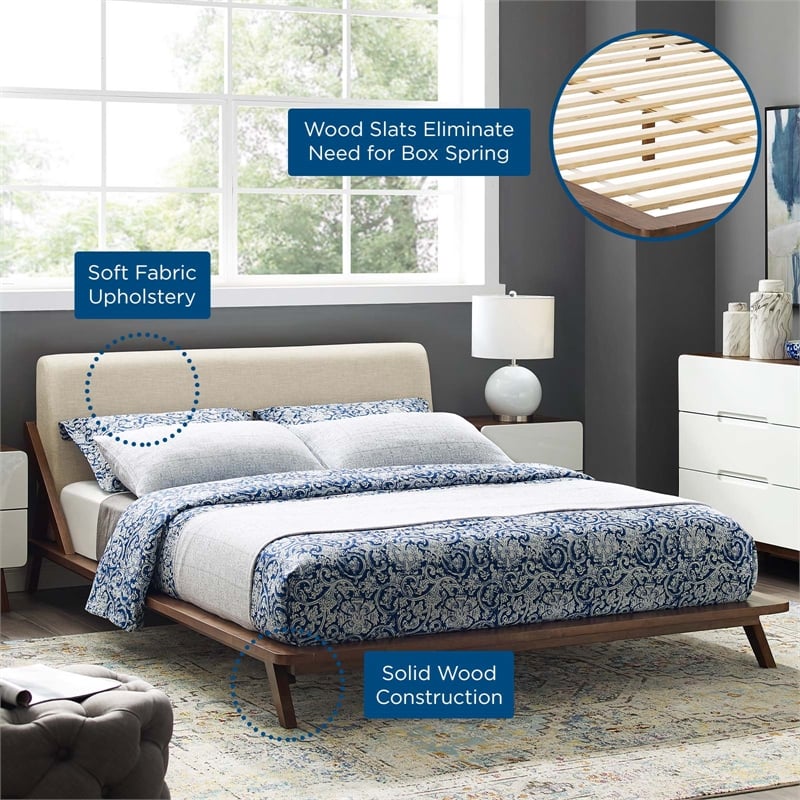 Modway Luella Queen Solid Wood Fabric Platform Bed in Walnut/Beige