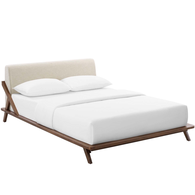 Modway Luella Queen Solid Wood Fabric Platform Bed in Walnut/Beige