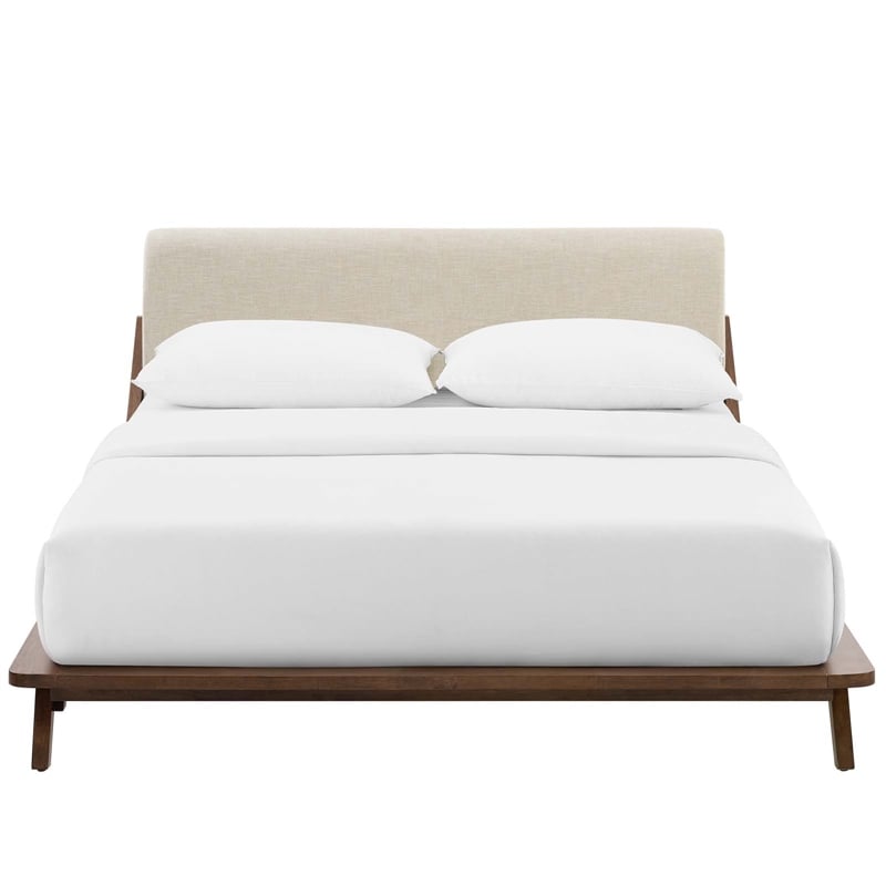 Modway Luella Queen Solid Wood Fabric Platform Bed in Walnut/Beige