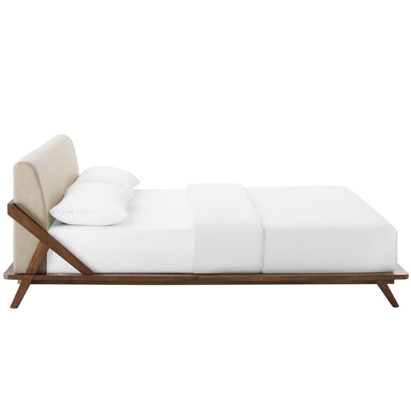 Modway Luella Queen Solid Wood Fabric Platform Bed in Walnut/Beige
