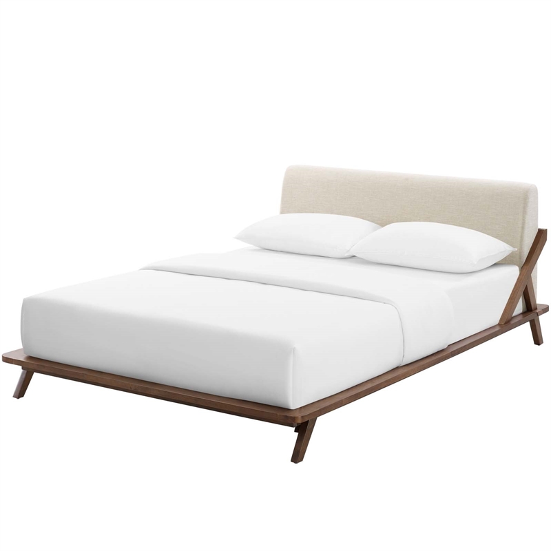 Modway Luella Queen Solid Wood Fabric Platform Bed in Walnut/Beige