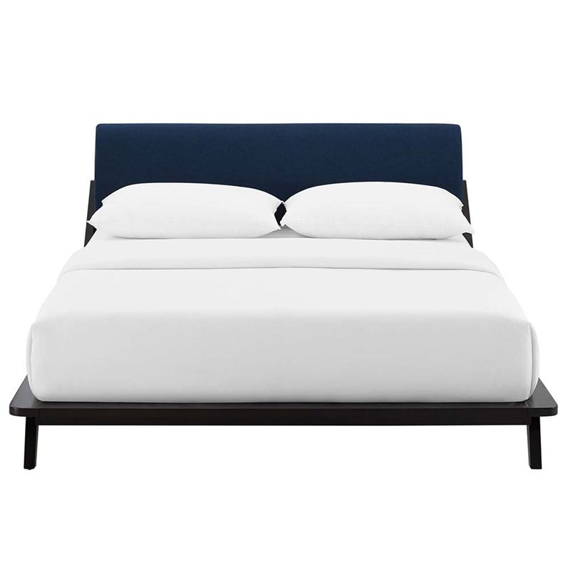 Modway Luella Solid Wood/Fabric Queen Platform Bed in Walnut/Blue