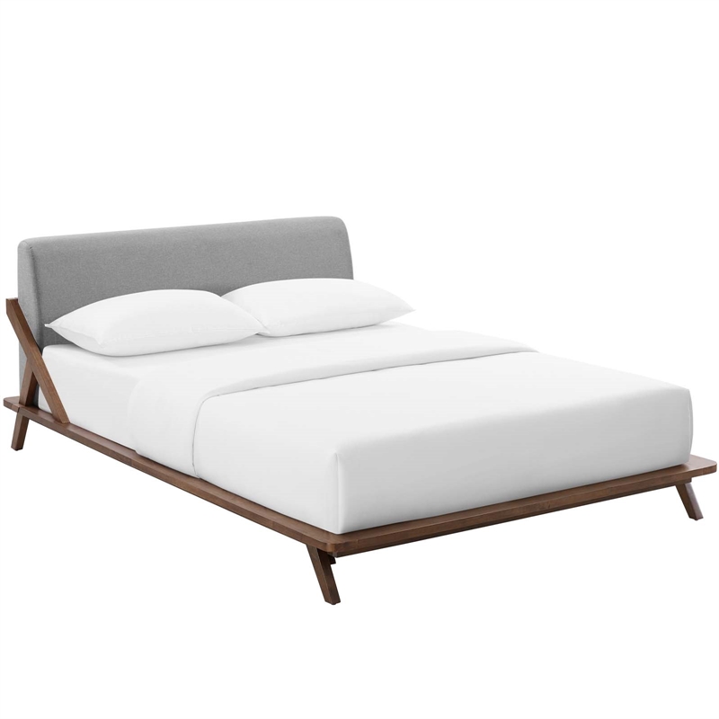 Modway Luella Solid Wood/Fabric Queen Platform Bed in Walnut/Light Gray