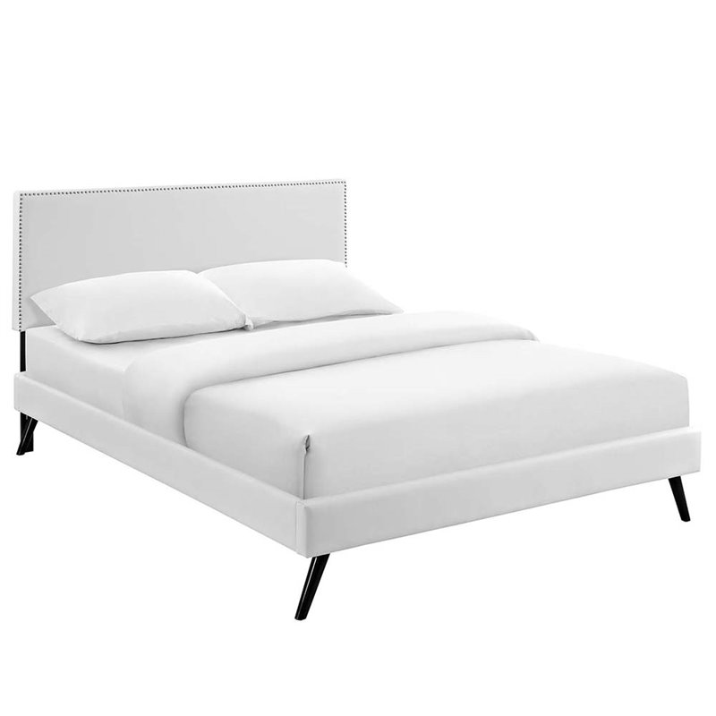 Modway Macie Full Vinyl Platform Bed with Round Splayed Legs in White