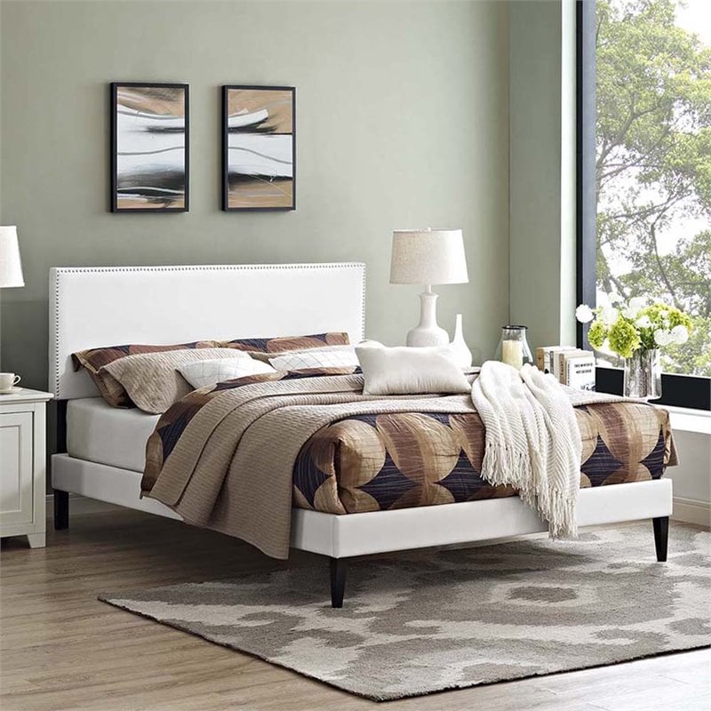 Macie Vinyl Full Platform Bed with Squared Tapered Legs in White