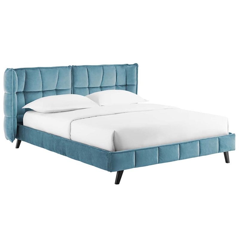 Modway Makenna Queen Modern Performance Velvet Platform Bed in Sea Blue ...