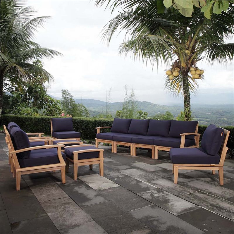 Modway Marina 10 Piece Patio Sofa Set in Natural and Navy