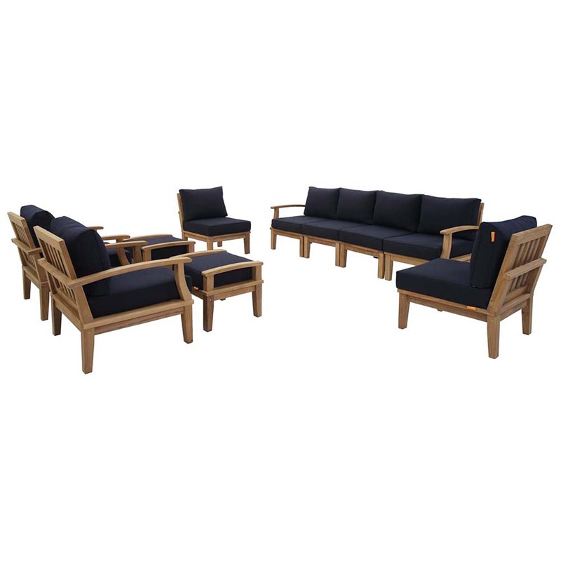 Modway Marina 10 Piece Patio Sofa Set in Natural and Navy