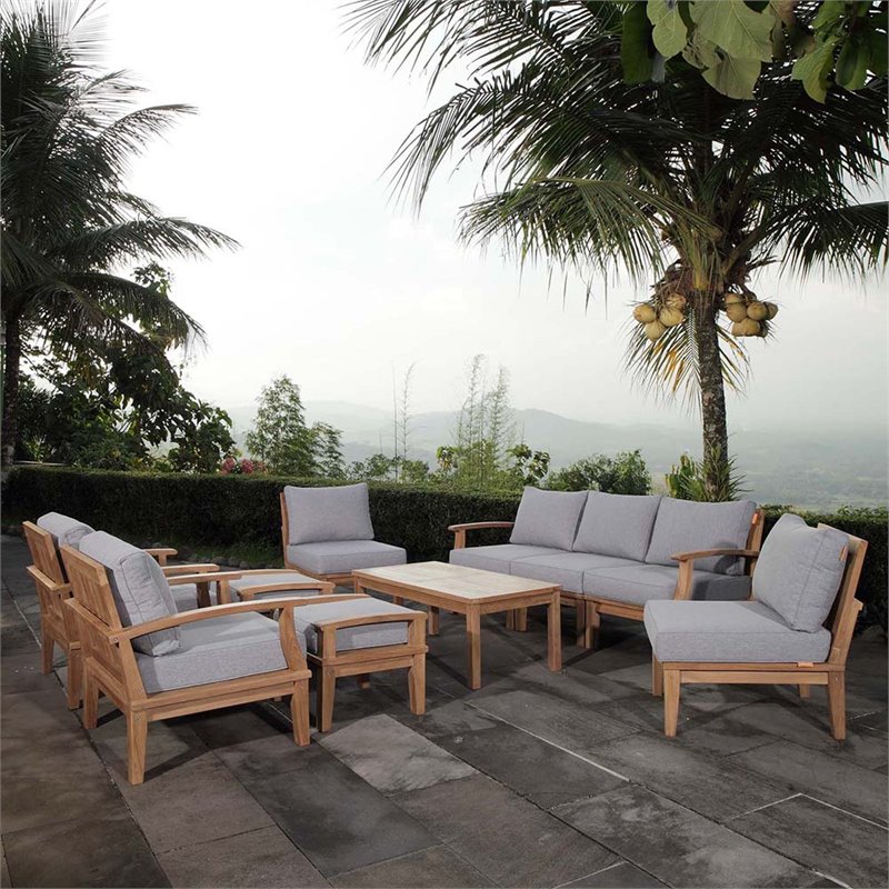 Marina 10 Piece Outdoor Patio Teak Set in Natural Gray