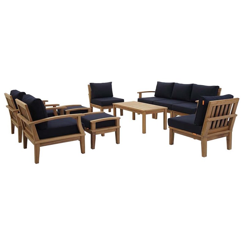 Marina 10 Piece Outdoor Patio Teak Set in Natural Navy