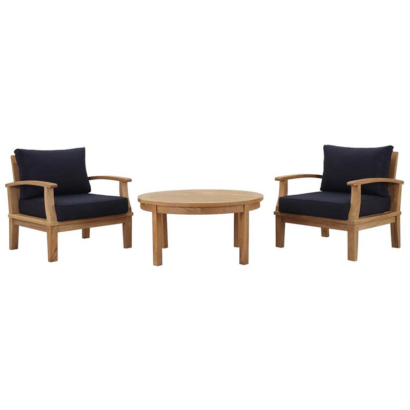Modway Marina Modern Wood 3-Piece Teak Conversation Set in Natural/Navy