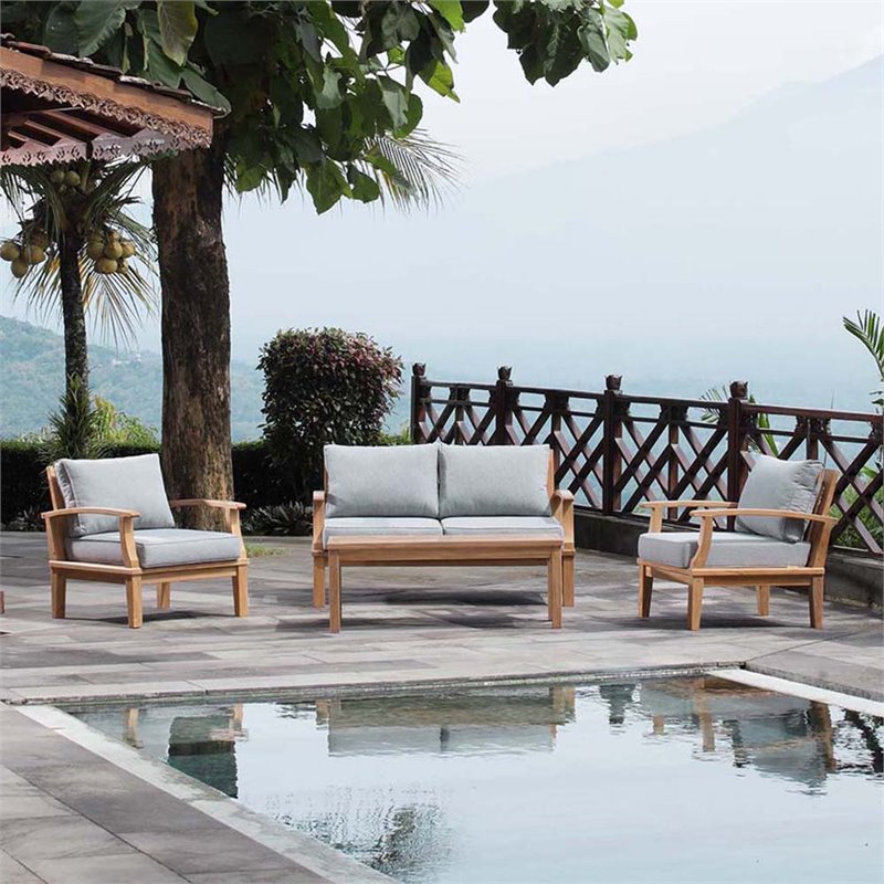 Modway Marina 4-Piece Solid Teak Wood Patio Sofa Set in Natural/Gray