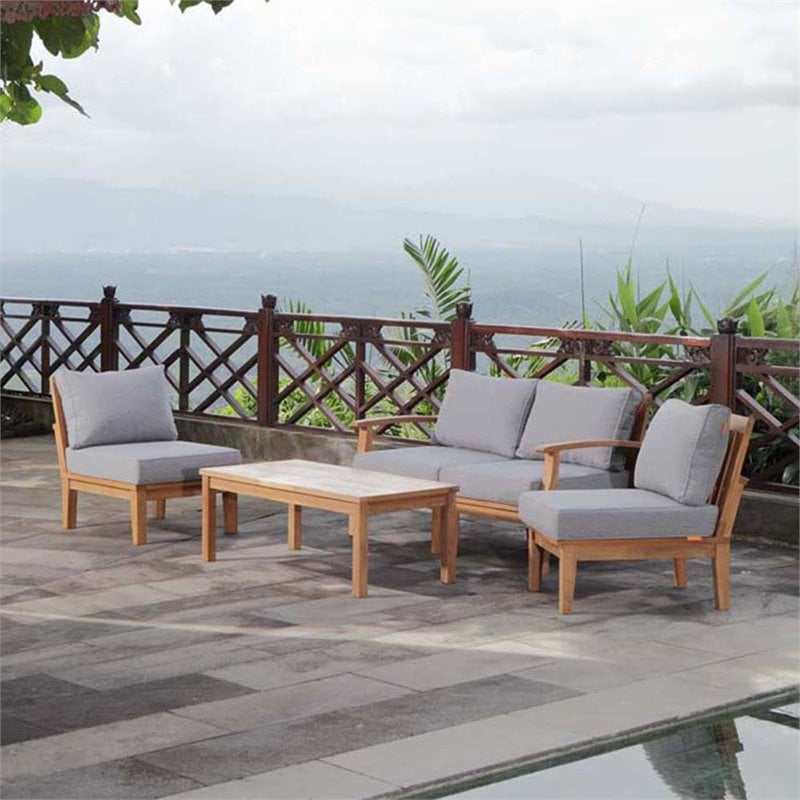 Modway Marina Modern Wood 5-Piece Patio Teak Sofa Set in Natural/Gray