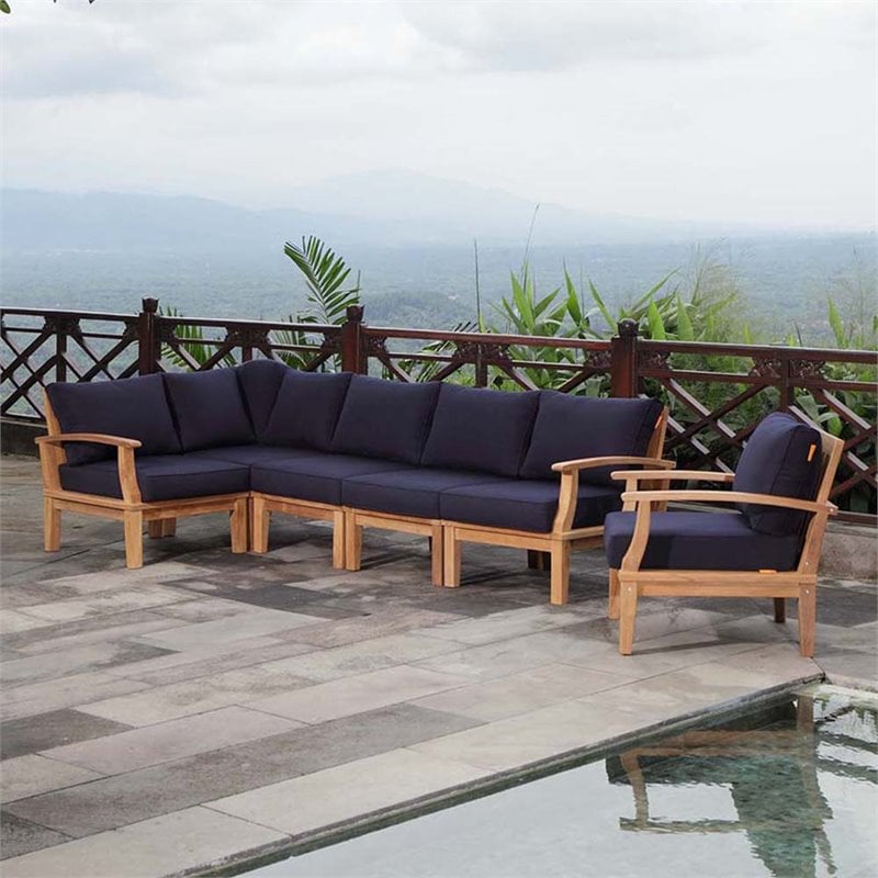 Marina 6 Piece Outdoor Patio Teak Set in Natural Navy