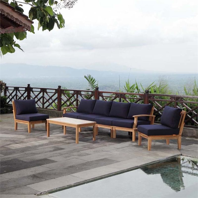 Modway Marina 7-Piece Solid Teak Wood Patio Sofa Set in Natural/Navy