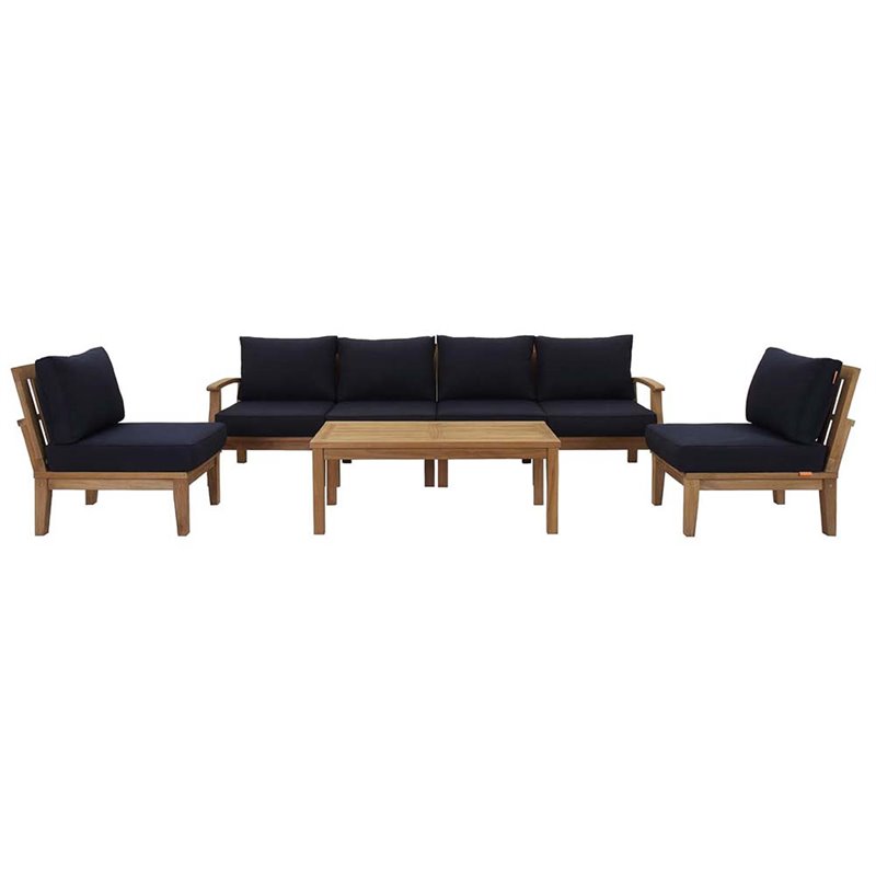 Modway Marina 7-Piece Solid Teak Wood Patio Sofa Set in Natural/Navy