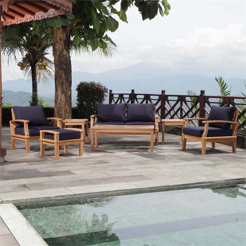 Marina 7 Piece Outdoor Patio Teak Set in Natural Navy